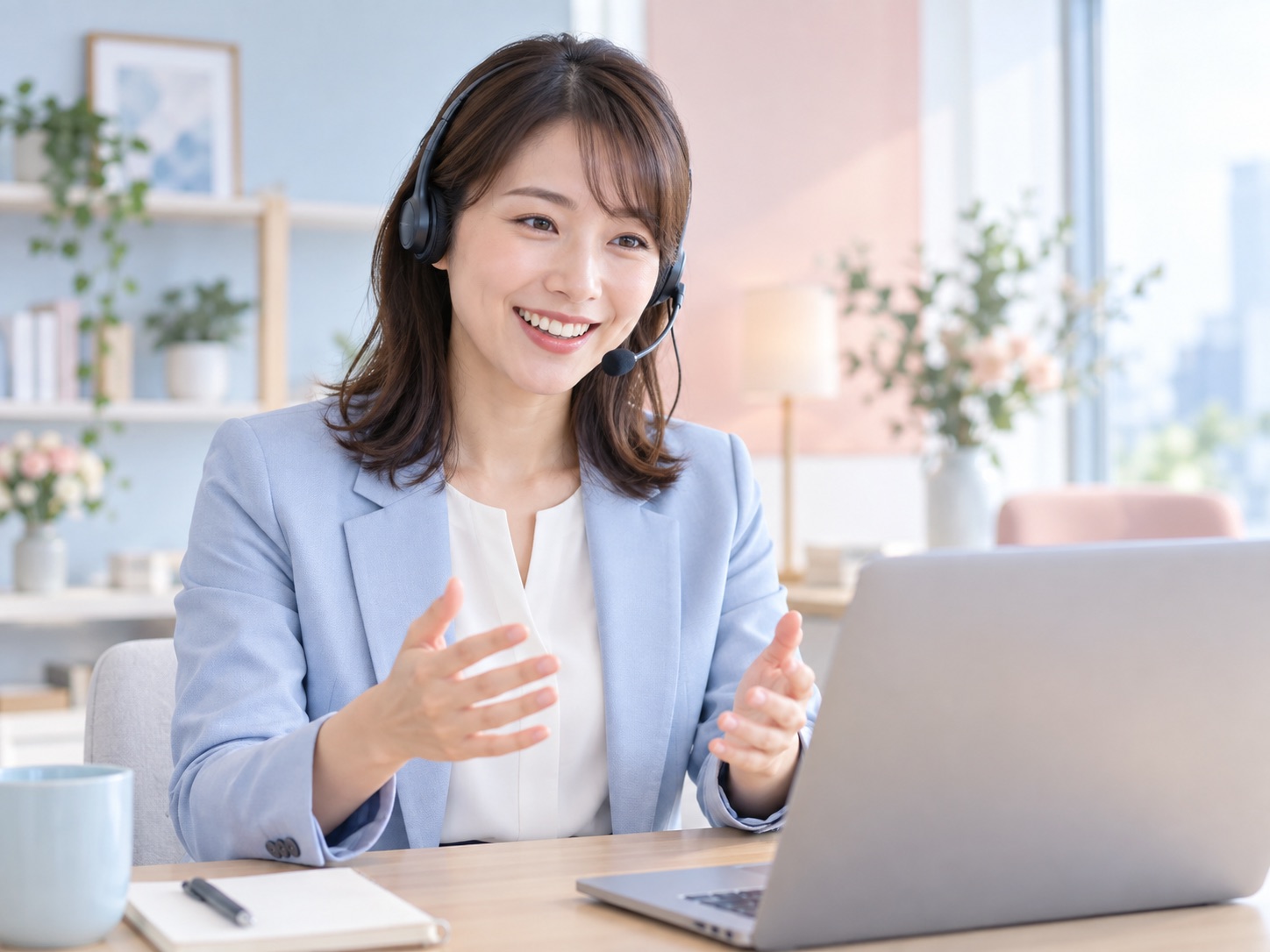 ヘッドセットを着けてパソコンで案内するAI秘書