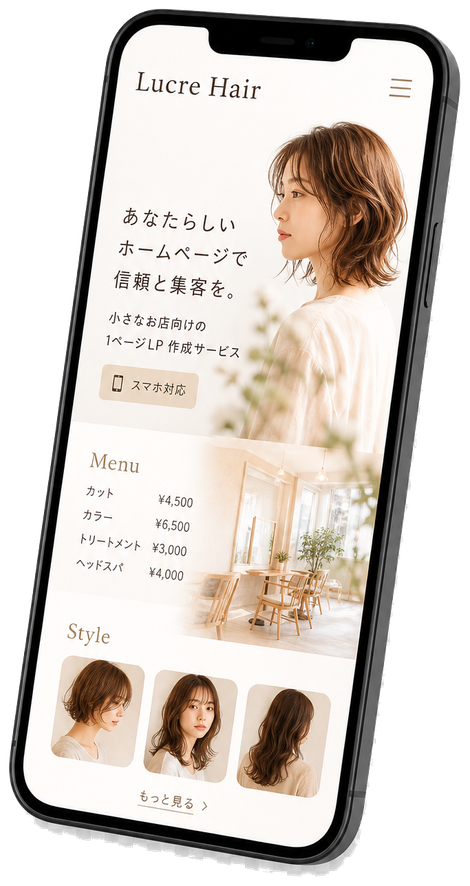 美容室のホームページを表示したスマートフォンのモックアップ