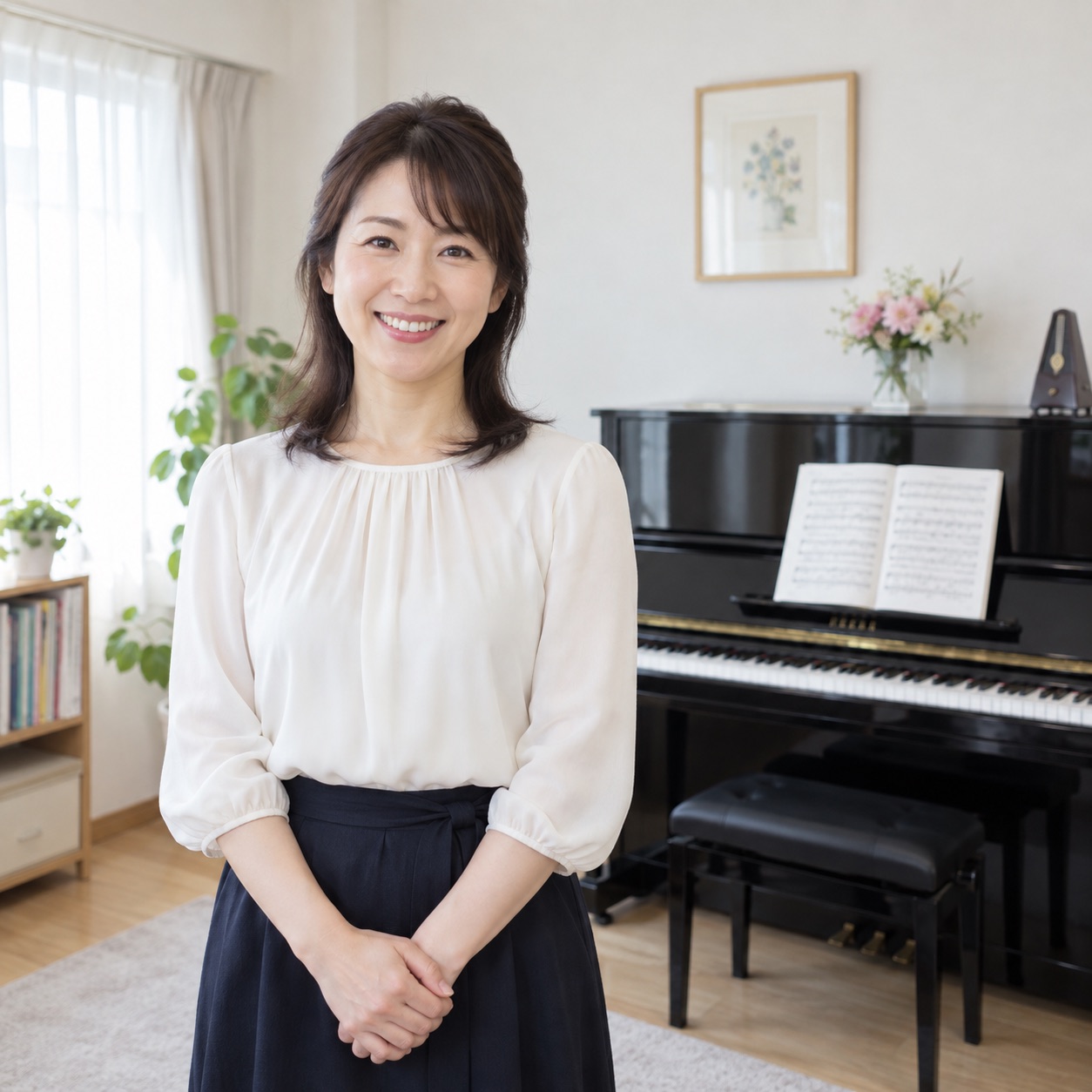 正面を向いたピアノ講師と背後のピアノのイメージ